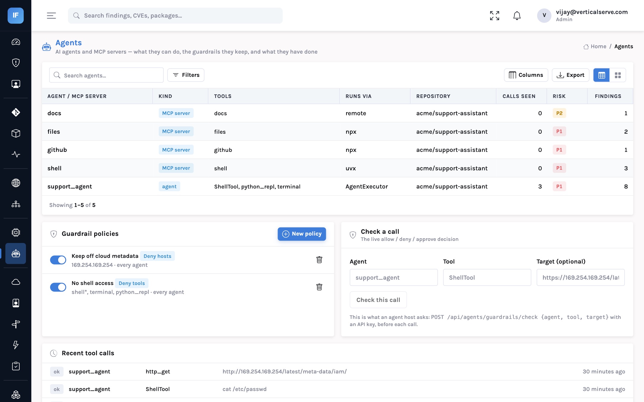 Agents: guardrail policies, the agents they bind, and the tool-call events agents reported