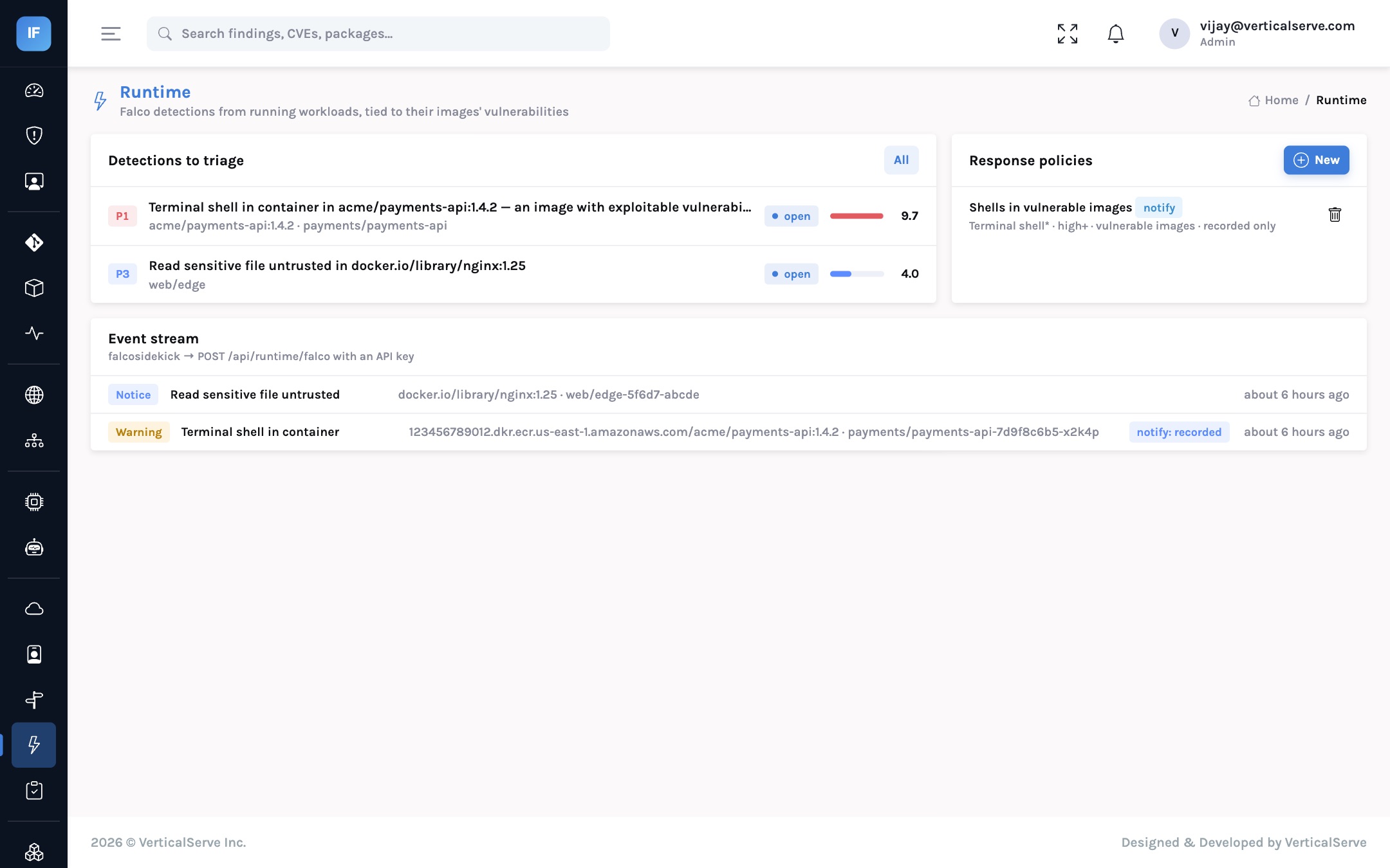 Runtime: Falco detections to triage, response policies, and the live event stream